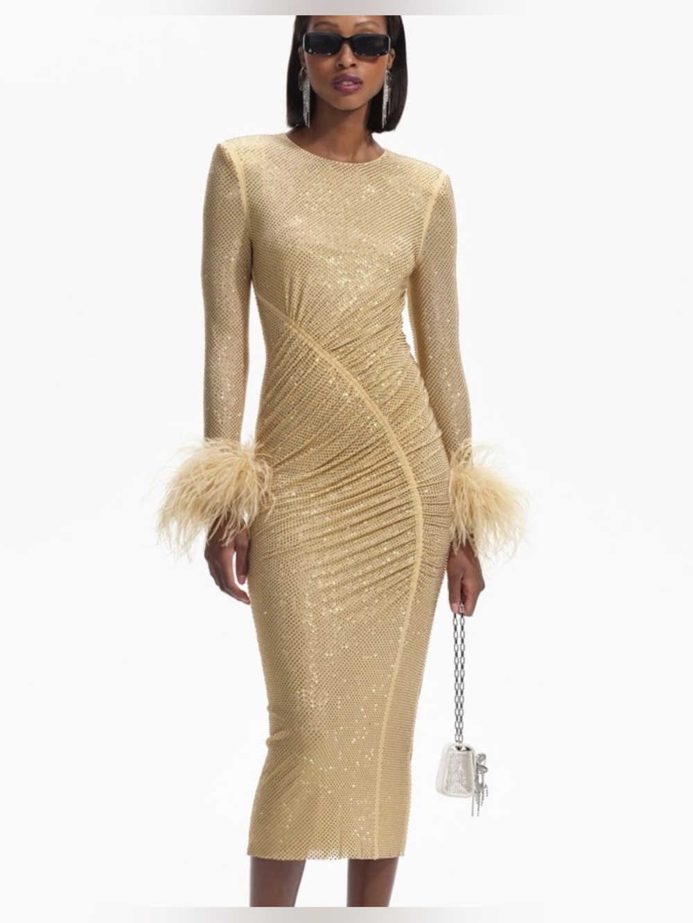 Self-Portrait Gold Feather-Cuff Sequin Midi Dress Size 4